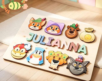 Robin Hood Name Puzzle Board, Personalized Kids Wooden Puzzle, Cartoon Character Toy, Custom Name Toy, Nursery Decor Gift