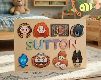 Personalized Wooden Name Puzzle Brave Inspired, Custom Kids Name Puzzle with Merida Characters, Princess Nursery Decor Gift
