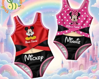 Traje de baño infantil personalizado de Mickey y Minnie, traje de baño de una pieza para parejas con nombre personalizado, traje de baño de dibujos animados rojo y rosa para niñas.