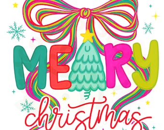 Merry Christmas png, Colorful Retro Christmas Tree png, Cute Christmas Bow png, Sublimation Design, Christmas Clipart, Instant Download