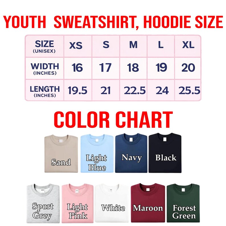 The image is a color chart for youth sweatshirts and hoodies, displaying various color options and corresponding sizes.