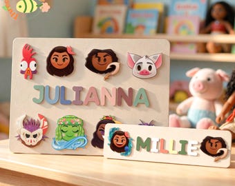Rompecabezas personalizado con nombre de Moana 2, rompecabezas de madera personalizado para niños, juguete de personajes de Moana, regalo educativo para niños pequeños, regalo de cumpleaños