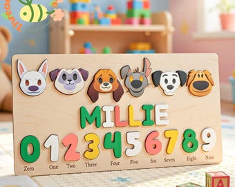 Disney Dogs Number Puzzle, Counting Learning Board 0-9, Pluto Stitch Bolt Patch, Personalized Name Wooden Toy Gift