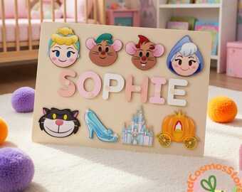 Disney Princess Personalized Wooden Name Puzzle, Cinderella Theme Montessori Toy, Custom Name Board for Toddlers