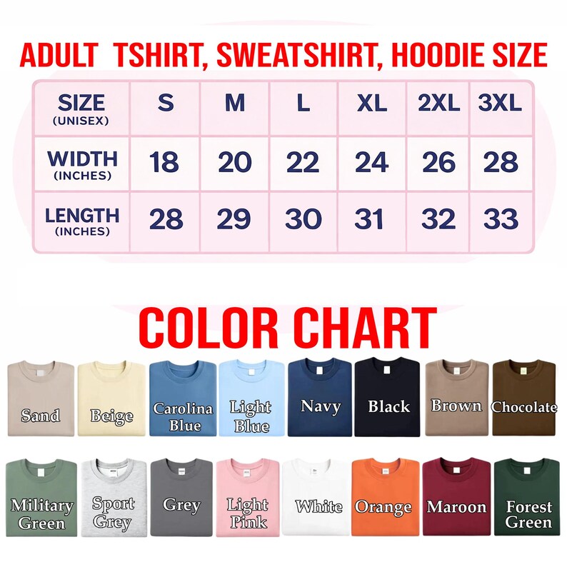 The image is a color chart that provides size and color information for adult t-shirts, sweatshirts, and hoodies. The chart includes a table with widths ranging from 18 to 36 inches and corresponding colors such as light blue, dark blue, light pink, and maroon. The chart also displays a row of t-shirts in various colors, including light green, dark green, light grey, and maroon.
