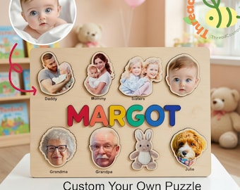 Personalized Photo Wooden Name Puzzle, Custom Family Puzzle with Pictures, Baby Name Puzzle Gift, Birthday Gift for Kids
