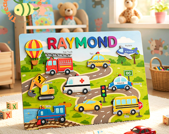 Rompecabezas de madera personalizado con nombre y vehículos, rompecabezas de nombre personalizado para niños, juguete de aprendizaje para niños pequeños, regalo Montessori para niños