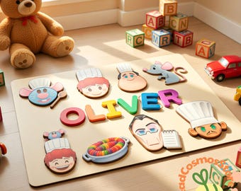 Custom Name Puzzle Rat Chef Theme, Kids Wooden Name Puzzle, Cooking Cartoon Characters Toy, Personalized Montessori Learning Board