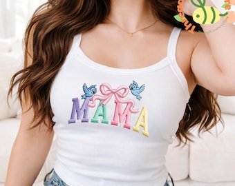 Mama Embroidered Tank Top, Coquette Mama Shirt, Bow Bluebird Mom Tee, Cute Pastel Mama Top, Princess Inspired Mother’s Day Gift