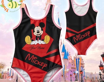 Traje de baño infantil personalizado de Mickey Mouse, bañador de una pieza con nombre personalizado, traje de baño geométrico de dibujos animados, conjunto de playa para niñas inspirado en Disney.