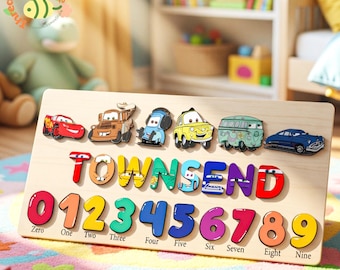 Rompecabezas de nombres de Pixar Cars, rompecabezas de madera personalizado de Rayo McQueen, juguete infantil personalizado con nombres y números, regalo con temática de coches