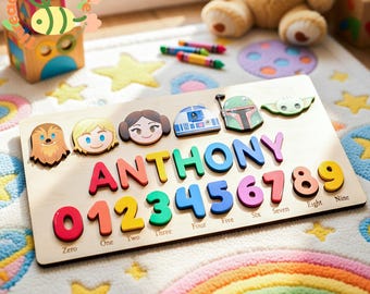Personalized Name Puzzle with Numbers, Custom Kids Wooden Puzzle, Space Character Theme Toy, Educational Toddler Gift, Nursery Decor