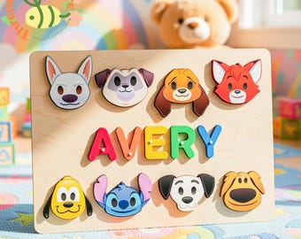 Disney Dogs Name Puzzle, Personalized Dog Character Puzzle, Kids Wooden Name Puzzle, Puppy Theme Gift, Custom Baby Name Toy