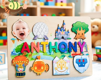 Disney Inspired Personalized Name Puzzle, Custom Baby Name Puzzle with Photo, Wooden Toddler Learning Toy, Magical Nursery Decor Gift