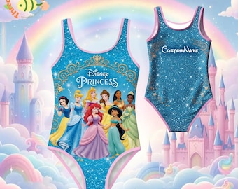 Traje de baño personalizado de princesa Disney con nombre personalizado para niñas, traje de baño de una pieza para niños pequeños, traje de baño de verano para la playa, regalo