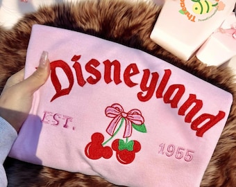 Disneyland Mickey Cherry Inspired Embroidered Shirt , Vintage Pink Crewneck with Mickey Cherry Bow Design, Cozy Valentine Gift for Her