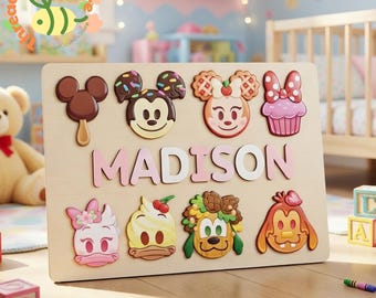 Mickey and Friends Snack Personalized Name Puzzle, Dessert Theme Baby Name Puzzle, Custom Wooden Toddler Toy, Cute Nursery Decor Gift