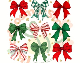 Christmas Bow PNG Bundle, Holiday Ribbon Clipart, Red Green Bow PNG, Christmas Aesthetic Stickers, Sublimation PNG, Instant Download