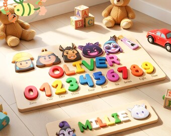 Kuzco Name Puzzle, Emperor Theme Wooden Puzzle, Custom Name Puzzle with Numbers, Personalized Toddler Gift, Disney Inspired Puzzle Toy