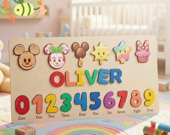 Mickey Snack Personalized Name Puzzle with Numbers, Custom Baby Name Puzzle, Wooden Toddler Learning Toy, Cute Nursery Decor Gift