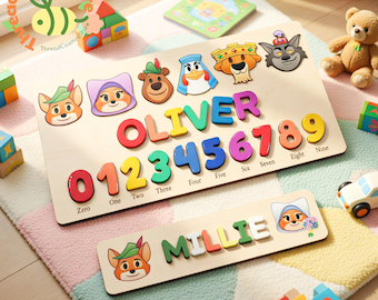 Personalized Name Puzzle Board with Numbers, Robin Hood Characters Wooden Puzzle, Custom Kids Name Toy, Montessori Learning Toy Gift