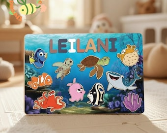 Personalized Finding Nemo Name Puzzle, Underwater Sea Life Wooden Puzzle Board, Custom Kids Name Sign, Montessori Toddler Learning Toy Gift