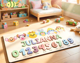 Winnie the Pooh Name Puzzle Personalized Wooden Puzzle Custom Baby Name Sign Kids Learning Toy Montessori Numbers Board Gift
