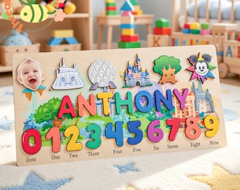 Disney Inspired Name Puzzle, Personalized Baby Name and Photo Puzzle with Numbers, Custom Wooden Toddler Toy, Magical Nursery Decor