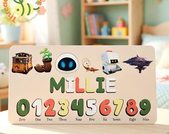 Wall-E Inspired Name Puzzle Pixar Robot Wooden Puzzle Personalized Kids Name Puzzle Montessori Toy Baby Gift Numbers Board