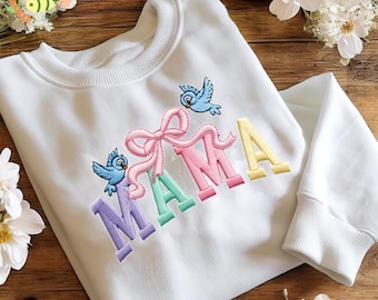 Mama Embroidered Shirt, Princess Inspired Mama Tee, Bow & Bluebirds Mom Shirt, Cute Fairy Tale Mama Top, Mother’s Day Gift