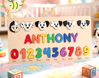 101 Dalmatians Personalized Name Puzzle, Custom Baby Name Puzzle with Numbers, Wooden Toddler Learning Toy, Dalmatian Nursery Decor