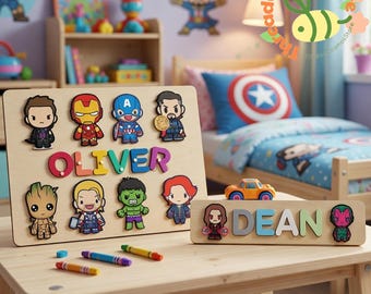 Rompecabezas de superhéroe personalizado con nombre, rompecabezas de madera de los Vengadores, tablero de rompecabezas con nombre personalizado para niños, juguete de aprendizaje de superhéroes, regalo para niños pequeños