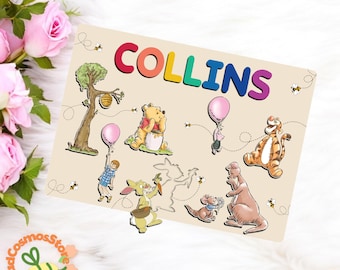 Tablero de rompecabezas personalizado con el nombre de Pooh de Disney, letrero personalizado con el nombre del bebé con Winnie the Pooh y sus amigos, decoración de la habitación de la guardería, lindo regalo para niños