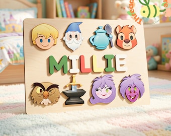 The Sword in the Stone Name Puzzle, Merlin Arthur Kids Puzzle, Personalized Wooden Name Puzzle, Fantasy Nursery Decor, Baby Gift