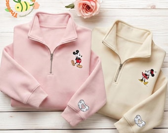 Mickey and Minnie Quarter Zip Sweatshirt, Disney Mickey and Friends Embroidered shirt, Couple Matching Disney Top, Cute Disney Gift
