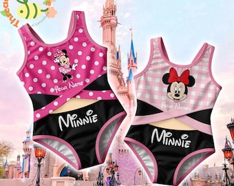 Traje de baño Minnie personalizado para niñas, traje de baño de una pieza con nombre personalizado, traje de baño de dibujos animados de lunares y cuadros rosas, regalo para niñas