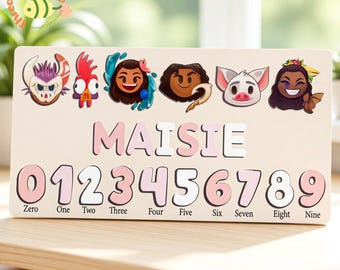 Rompecabezas personalizado con nombre de Moana 2, rompecabezas infantil personalizado con números, juguete de madera de los personajes de Moana, regalo educativo para niños pequeños.