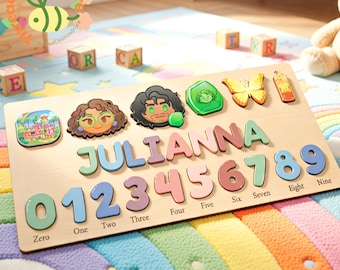 Encanto Inspired Personalized Name Puzzle, Custom Baby Name Puzzle with Numbers, Wooden Toddler Learning Toy, Magical Nursery Decor Gift