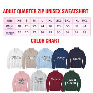 a color chart for an adult quarter zip unisex sweatshirt, showing the different color options available and their corresponding sizes.