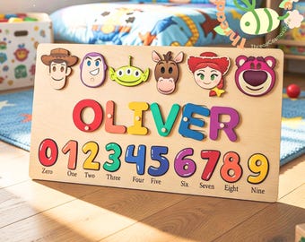 Personalized Toy Story Name Puzzle with Numbers, Wooden Baby Name Puzzle Board, Custom Toddler Learning Toy, Kids Nursery Decor Gift