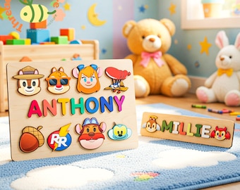 Personalized Name Puzzle Cute Chipmunk Theme, Custom Kids Wooden Puzzle, Cartoon Animal Toy, Birthday Gift for Toddler
