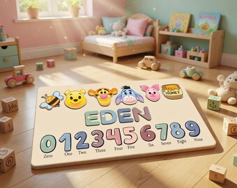 Personalized Winnie the Pooh Name Puzzle with Numbers, Disney Pooh & Friends Wooden Name Board, Kids Learning Toy