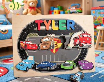 Piston Cup Car Name Puzzle, Personalized Disney Cars Puzzle Board, Custom Wooden Kids Name Puzzle, Toddler Learning Toy, Car Theme Gift