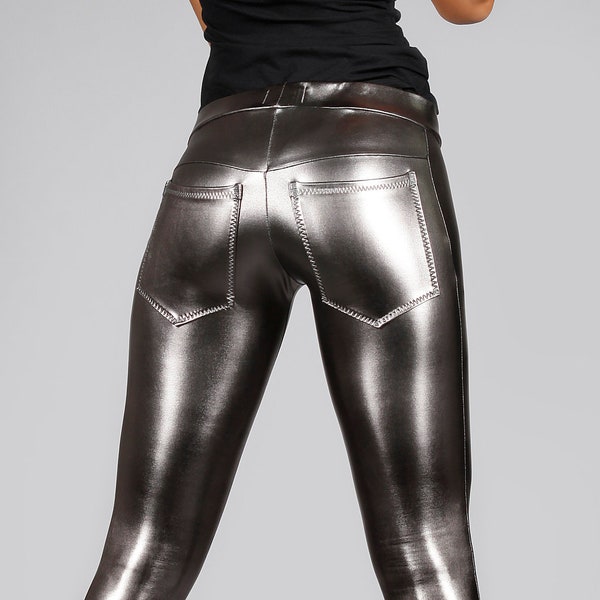 Gun Metal Metallic Leggings w Jeans Pockets, Futuristic Clothing, Cyberpunk Clothing, LENA QUIST