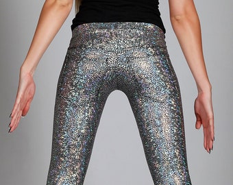 Futuristic Holographic Silver Leggings w. Jeans Back Pockets, LENA QUIST