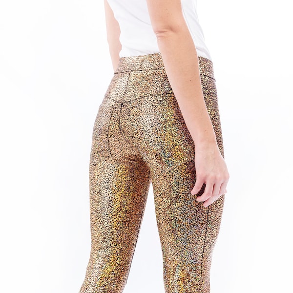 Gold Leggings w. Jeans Back, Holographic Leggings, Meggings, LENA QUIST