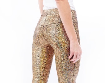 Gold Leggings w. Jeans Back, Holographic Leggings, Meggings, LENA QUIST