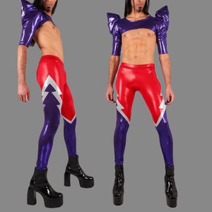 Meggings Men&#39;s Red & Purple Lightning Bolt Glam Rock Stage Leggings, by Lena Quist