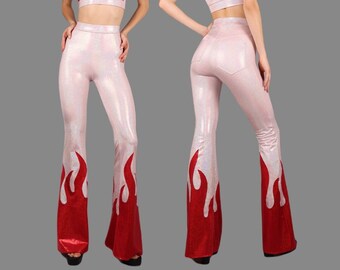 Pink & Red Flames Flare Leggings with Jeans Back Pockets, by LENA QUIST