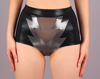 Sexy Booty Shorts Hotpants with Lightning Bolts, Sheer Mesh, High Waist & Cheeky Bottom, by LENA QUIST